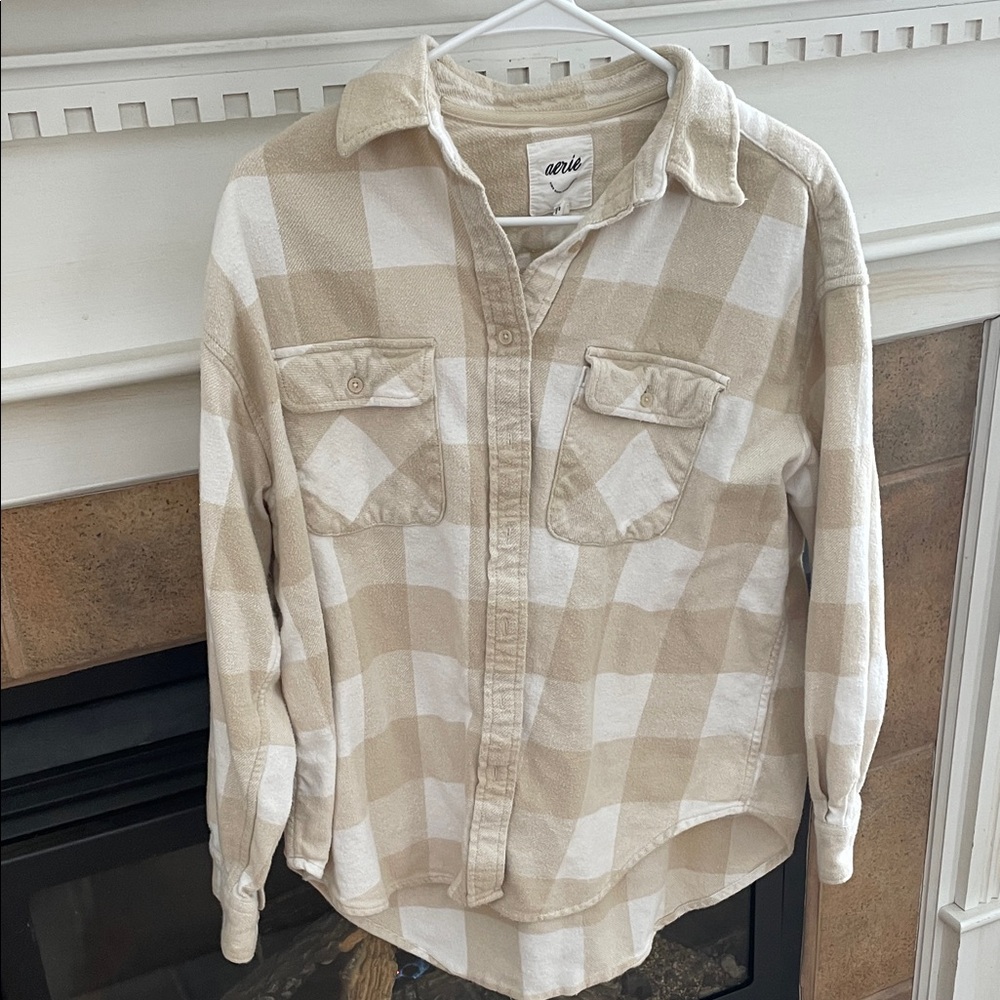Oversized Aerie Cream and White Checkered Flannel Shirt